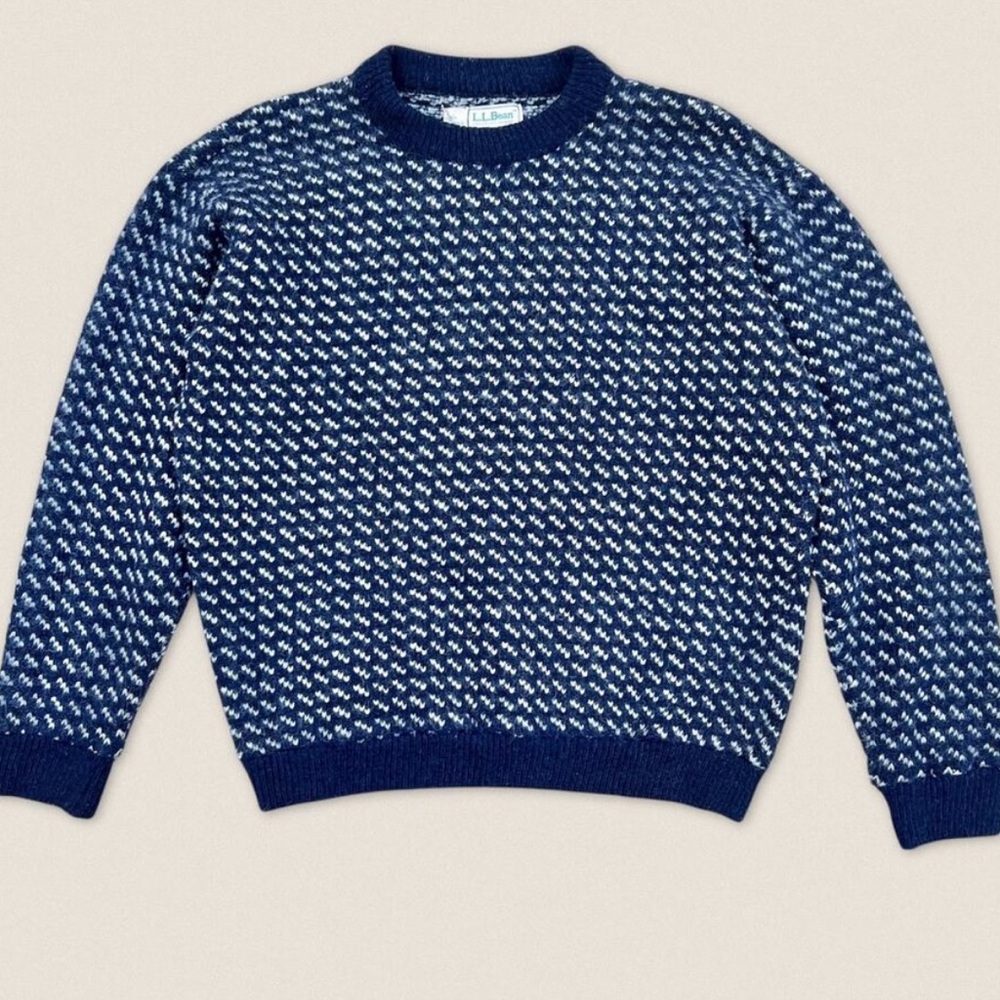Vintage L.L. Bean Dot Pattern Wool Sweater Navy Blue White - Size Large